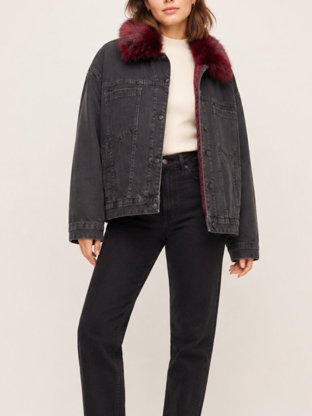 Free People Opal Swing Faux Fur Denim Jacket XS